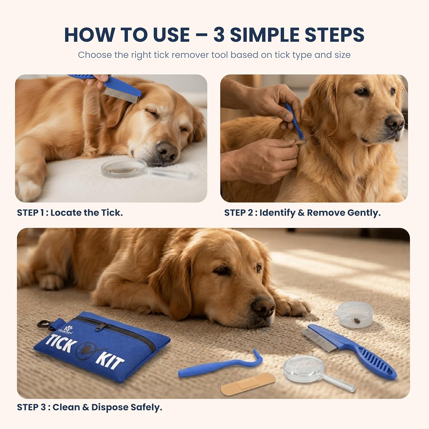 Complete Tick Removal Kit for Dogs & Cats – Tick Remover Tool Set with 3 Size Hooks, Tick Comb & Stainless Steel Precision Tick Remover + Tweezers, Travel Pouch – Safe, Fast Tick Removal (1) - Image 4