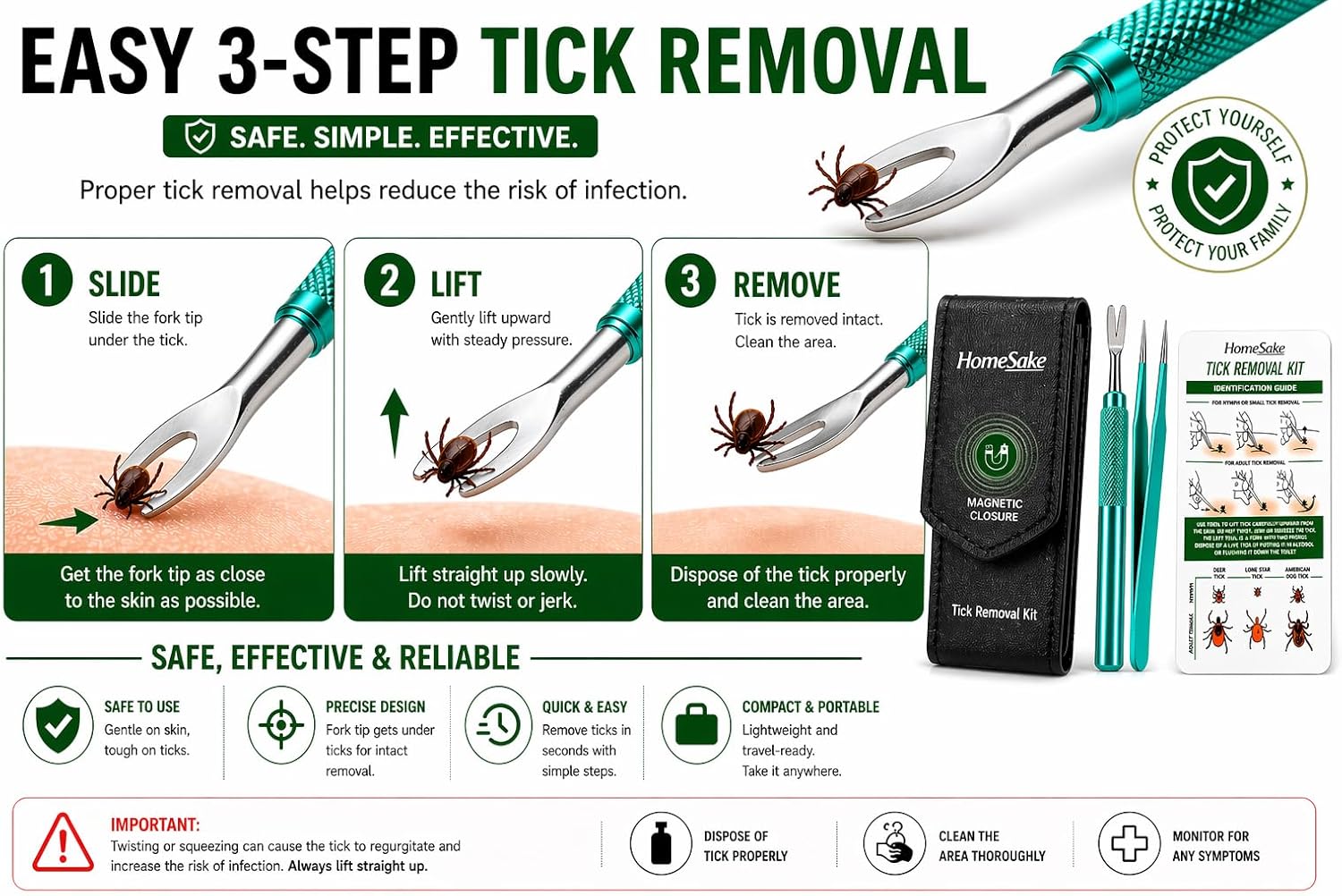 Homesake Tick Remover Tool for Dogs, Cats & Humans | Deer Tick Remover Kit | Stainless Steel Tick Removal Tool with Fine Tip Tweezers | Removes Entire Tick Head & Body | Pouch & ID Card - Image 3