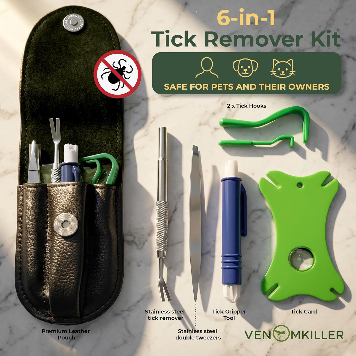 VENOMKILLER 6-in-1 Tick Remover Kit – Tick Removal Tool Set with Stainless Steel Tweezers, Tick Card, Hooks & Leather Case – Tick Remover for Dogs, Cats & Humans - Image 3
