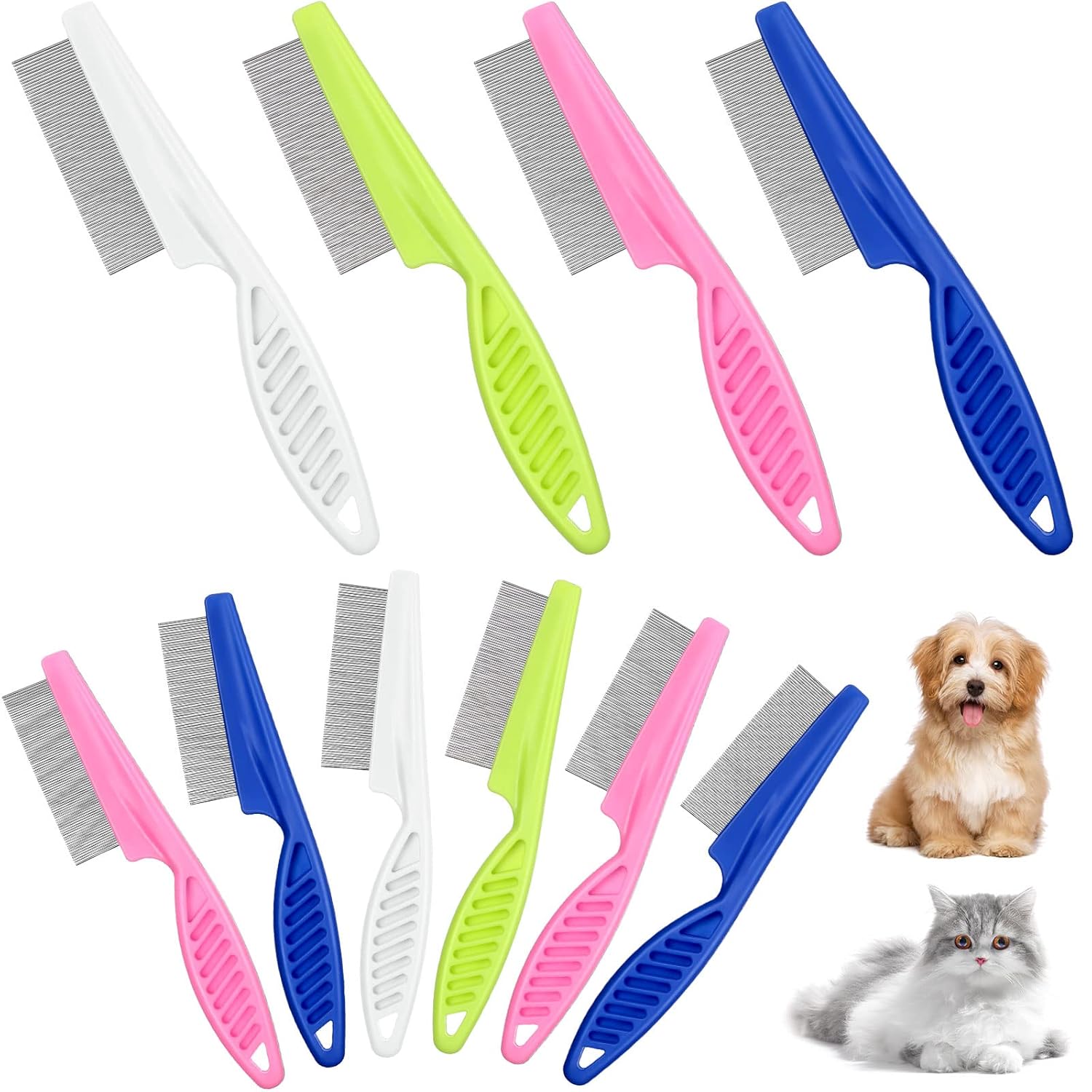 10 Pcs Flea Comb for Dogs and Cats Flea Remover Tool with Stainless Steel Metal Teeth for Detangling Grooming Kit, Pink, Blue, White and Green, 2 Sizes - 1