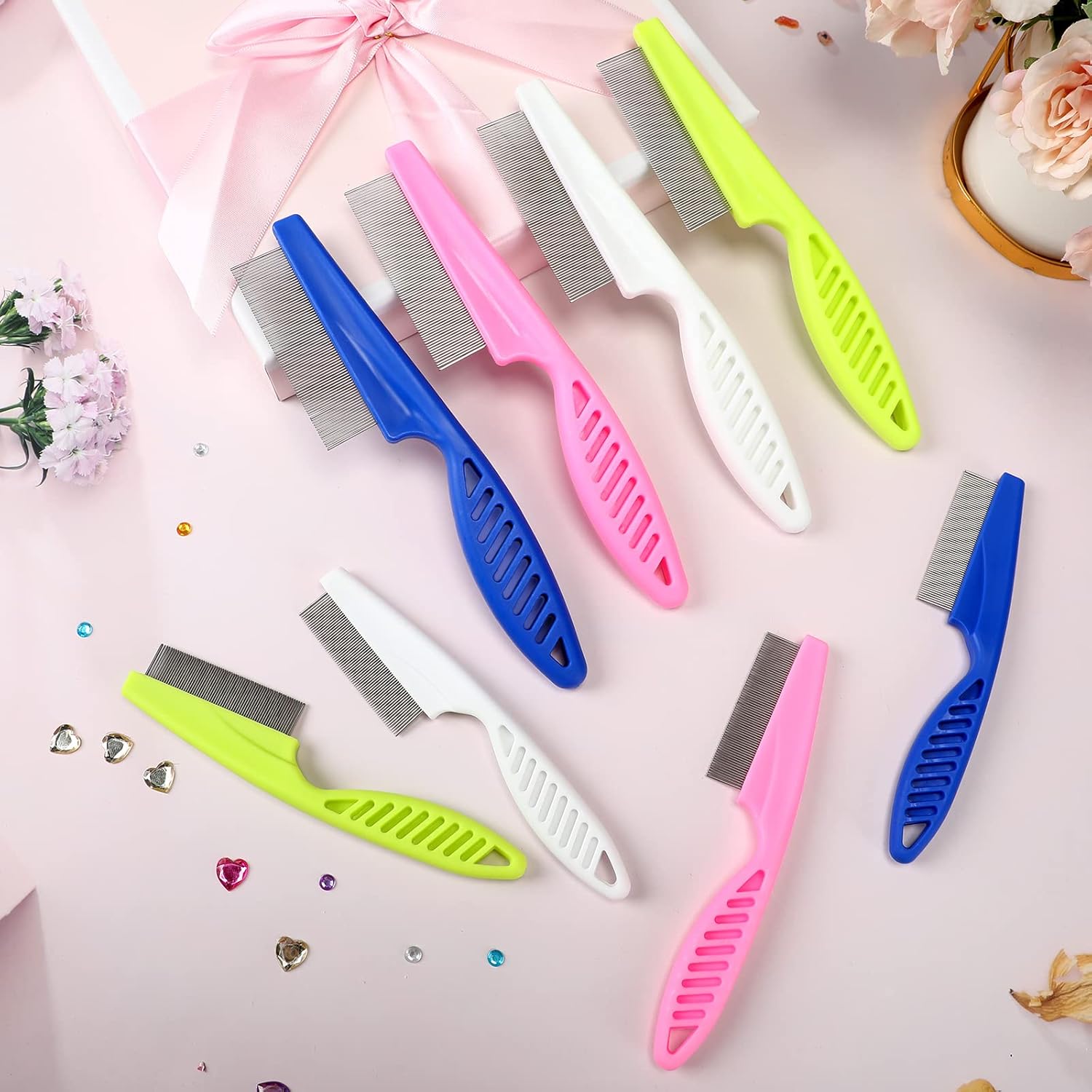 10 Pcs Flea Comb for Dogs and Cats Flea Remover Tool with Stainless Steel Metal Teeth for Detangling Grooming Kit, Pink, Blue, White and Green, 2 Sizes - Image 2