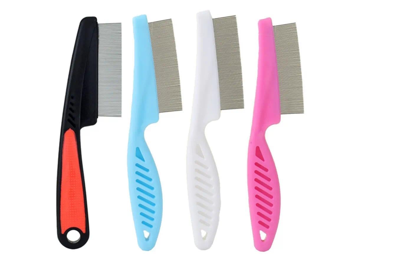 4-Pack Flea Comb for Dogs & Cats - Fine Tooth Stainless Steel Grooming Comb with Anti-Slip Rubber Handle, Removes Fleas, Tangles & Tear Stains (Black, Blue, White & Pink) - 1