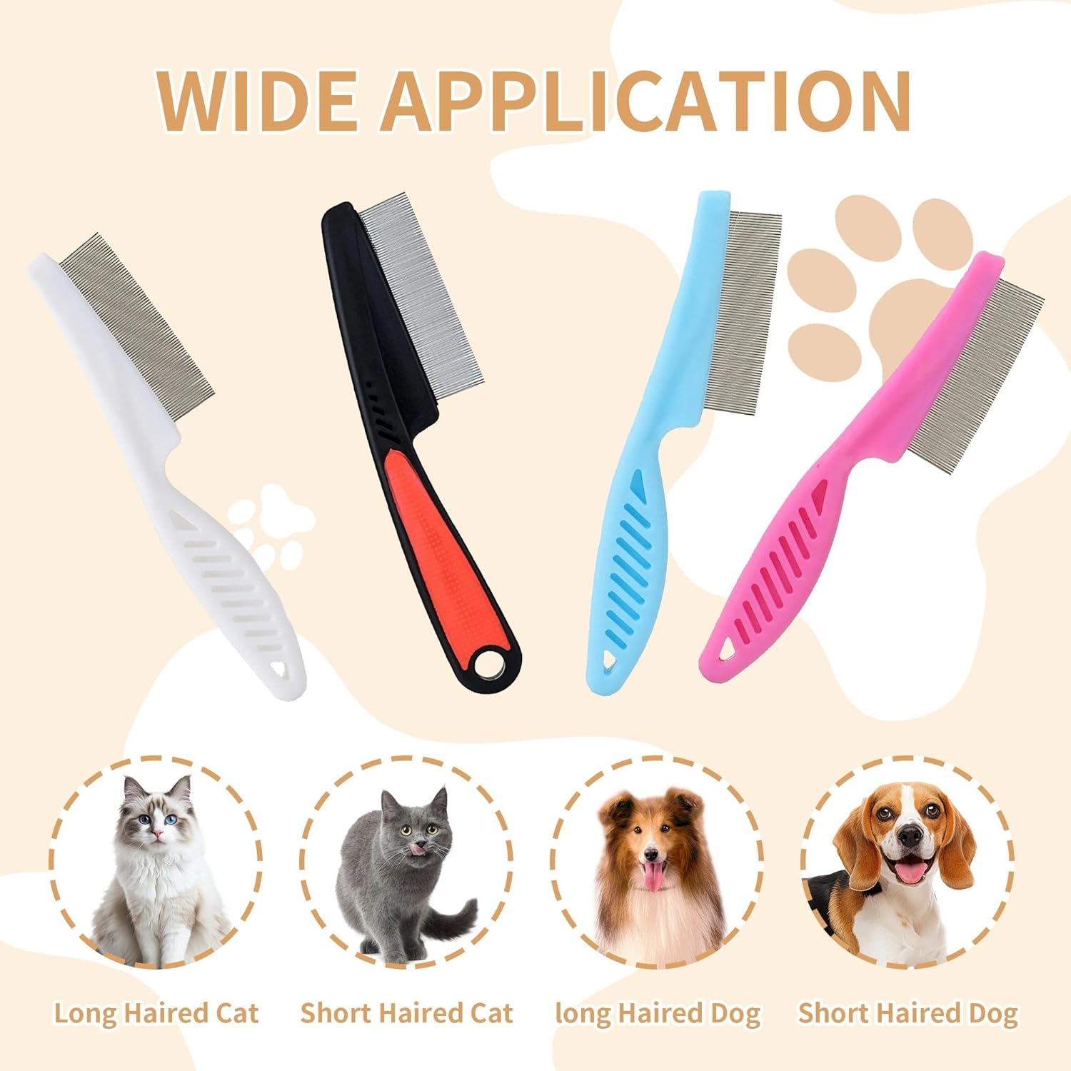 4-Pack Flea Comb for Dogs & Cats - Fine Tooth Stainless Steel Grooming Comb with Anti-Slip Rubber Handle, Removes Fleas, Tangles & Tear Stains (Black, Blue, White & Pink) - Image 4