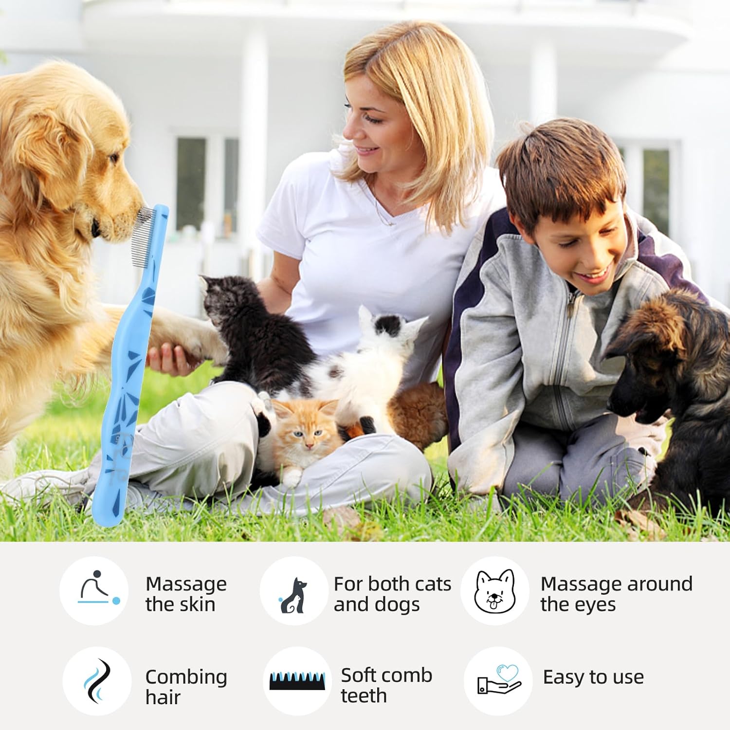 Blue Curved Small Dog Comb for Grooming Eyes Face Fine Tooth Metal Comb with Ergonomic Handle Pet Flea Comb for Small Dogs and Cats Gentle Remove Loose Hair Dirt Fleas - Image 3