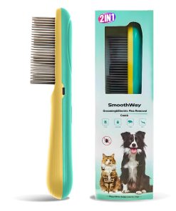 Professional Flea Comb for Long Haired Dogs & Cats - 3-Row Stainless Steel Dematting Tool with Negative Ions - Detangling Comb for Poodles Includes Cleaning Brush - 1