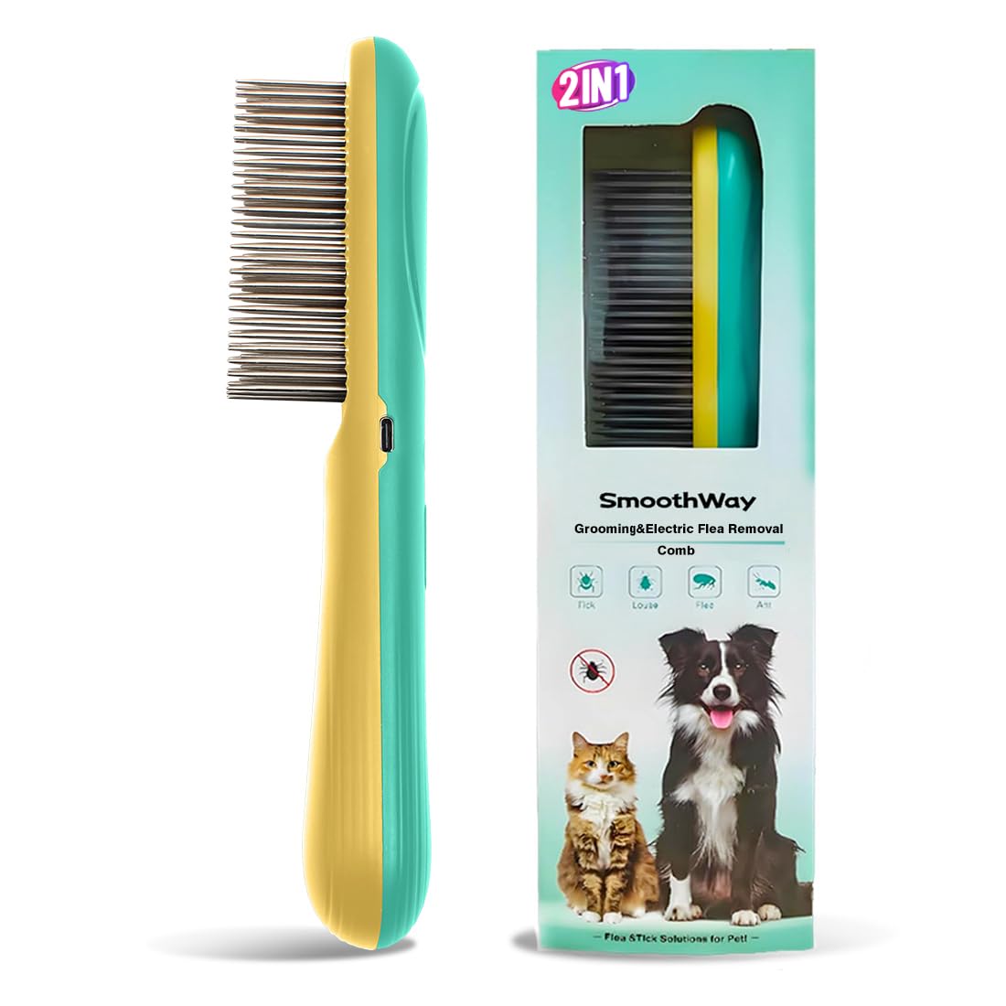 Professional Flea Comb for Long Haired Dogs & Cats - 3-Row Stainless Steel Dematting Tool with Negative Ions - Detangling Comb for Poodles Includes Cleaning Brush - 1