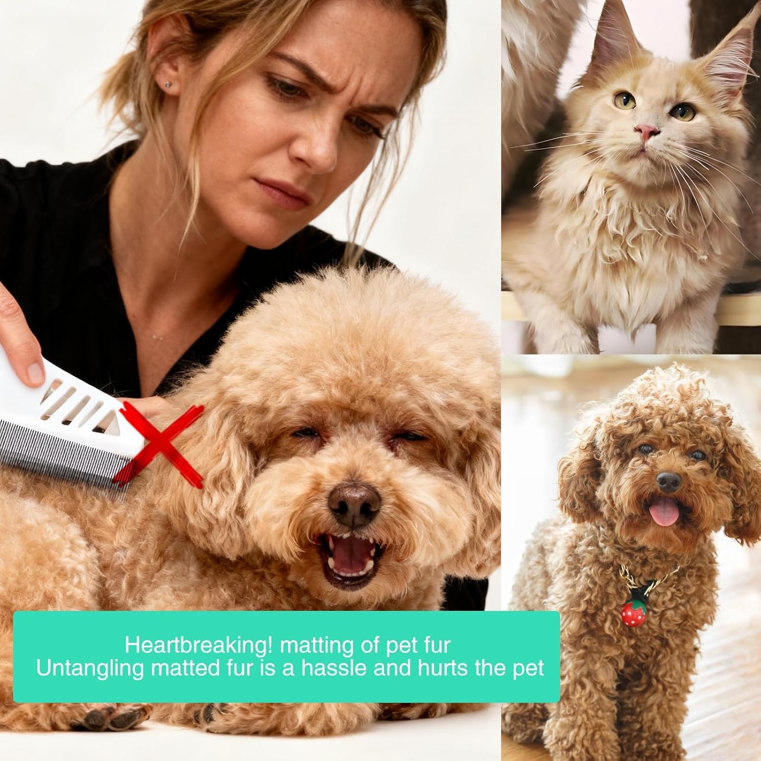 Professional Flea Comb for Long Haired Dogs & Cats - 3-Row Stainless Steel Dematting Tool with Negative Ions | Detangling Comb for Poodles Includes Cleaning Brush - Image 8