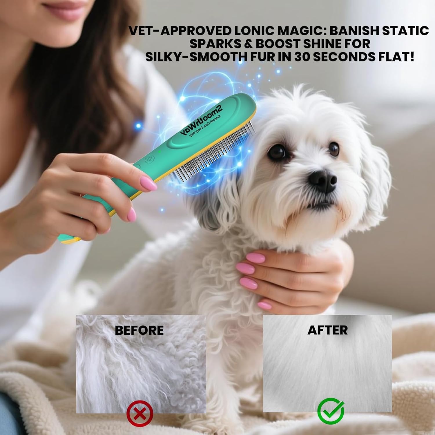 Professional Flea Comb for Long Haired Dogs & Cats - 3-Row Stainless Steel Dematting Tool with Negative Ions | Detangling Comb for Poodles Includes Cleaning Brush - Image 7
