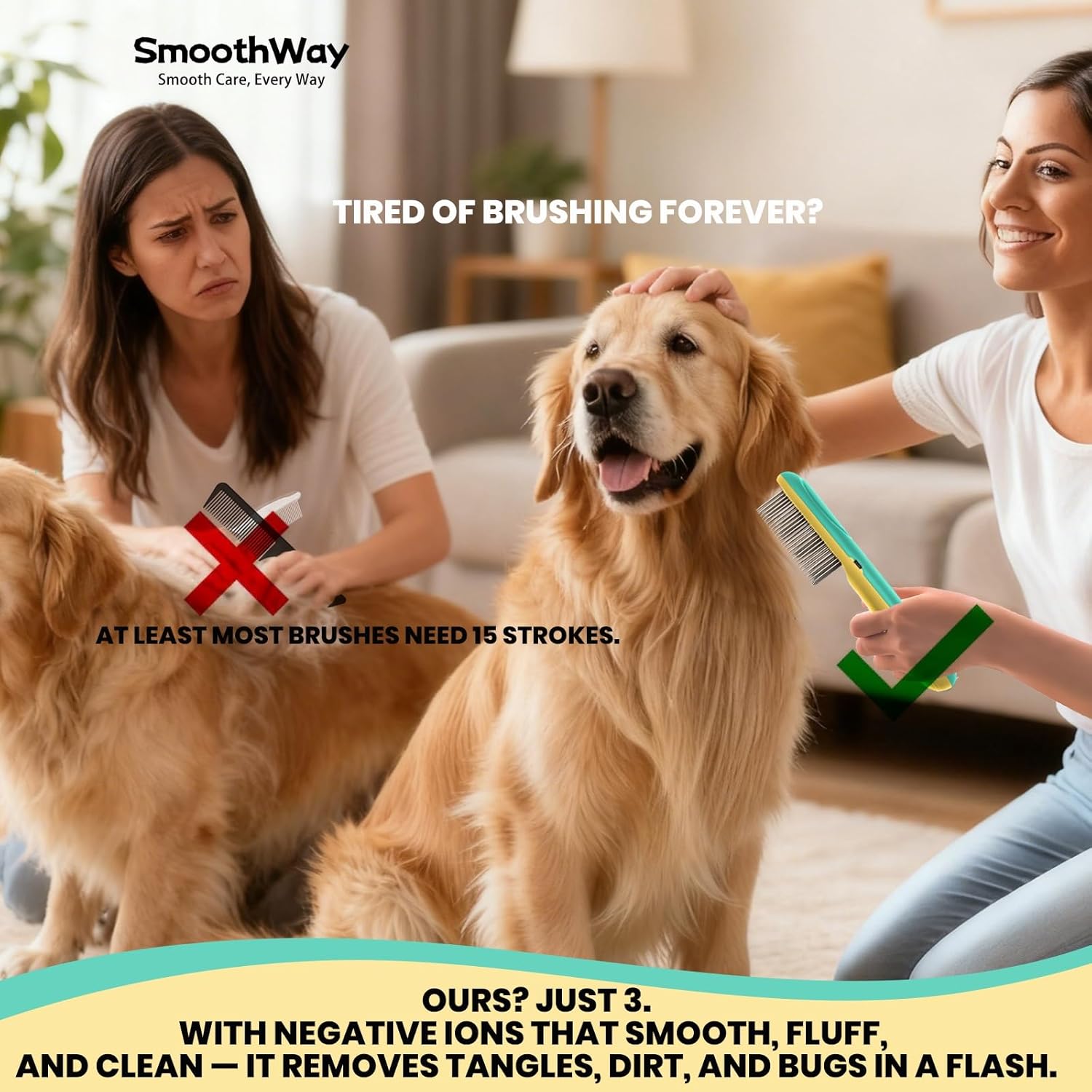 Professional Flea Comb for Long Haired Dogs & Cats - 3-Row Stainless Steel Dematting Tool with Negative Ions | Detangling Comb for Poodles Includes Cleaning Brush - Image 6