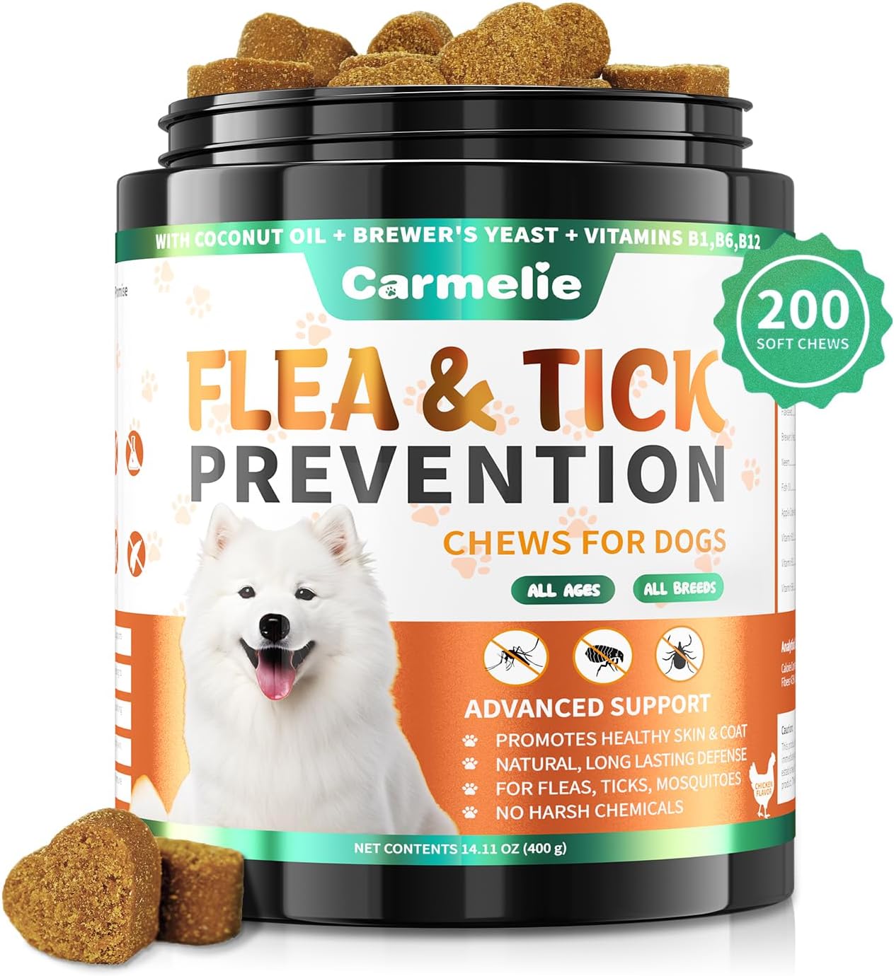 Carmelie Flea and Tick Prevention for Dogs Chewables, 200 Soft Chews - 1