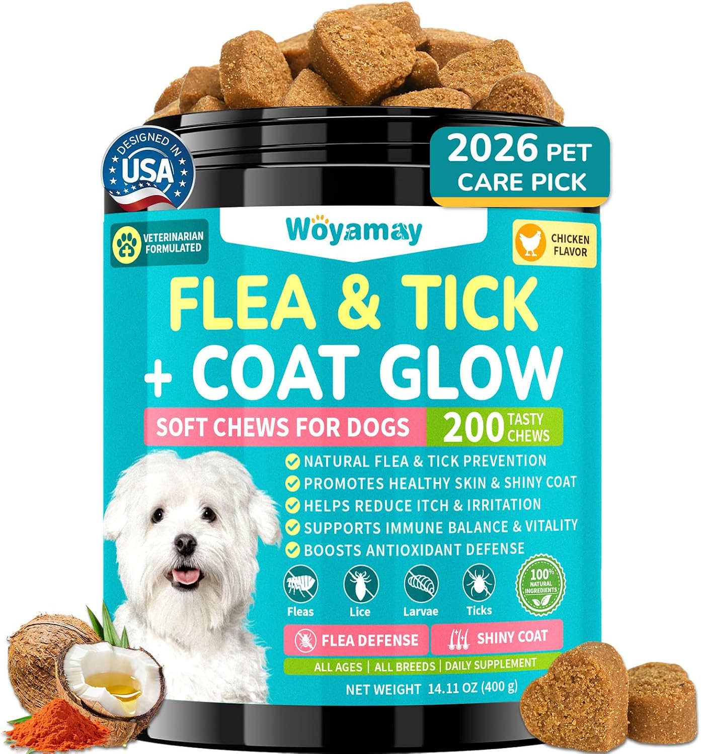 Woyamay Flea and Tick Prevention for Dogs, Soft Chews, Chicken Flavor - 1